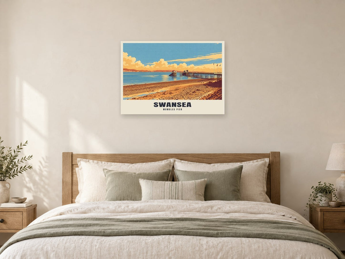 Mumbles Pier, Swansea Poster at A1, as a poster, above a bed