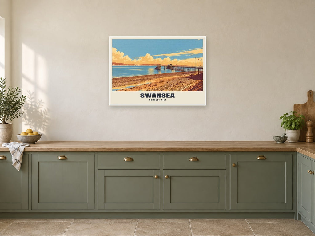 Mumbles Pier, Swansea Poster at A1, in a white frame, in a kitchen