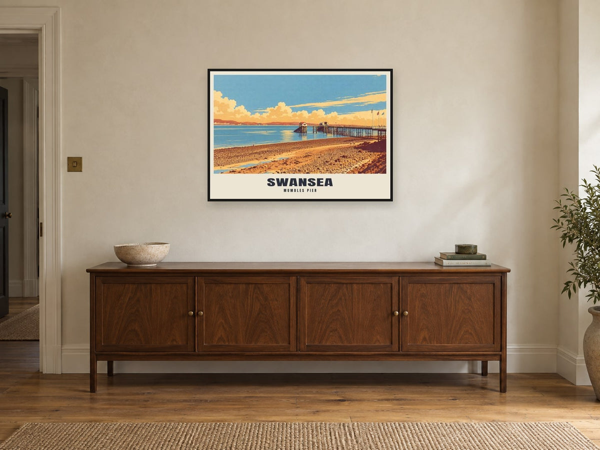 Mumbles Pier, Swansea Poster at A1, in a black frame, above a sideboard