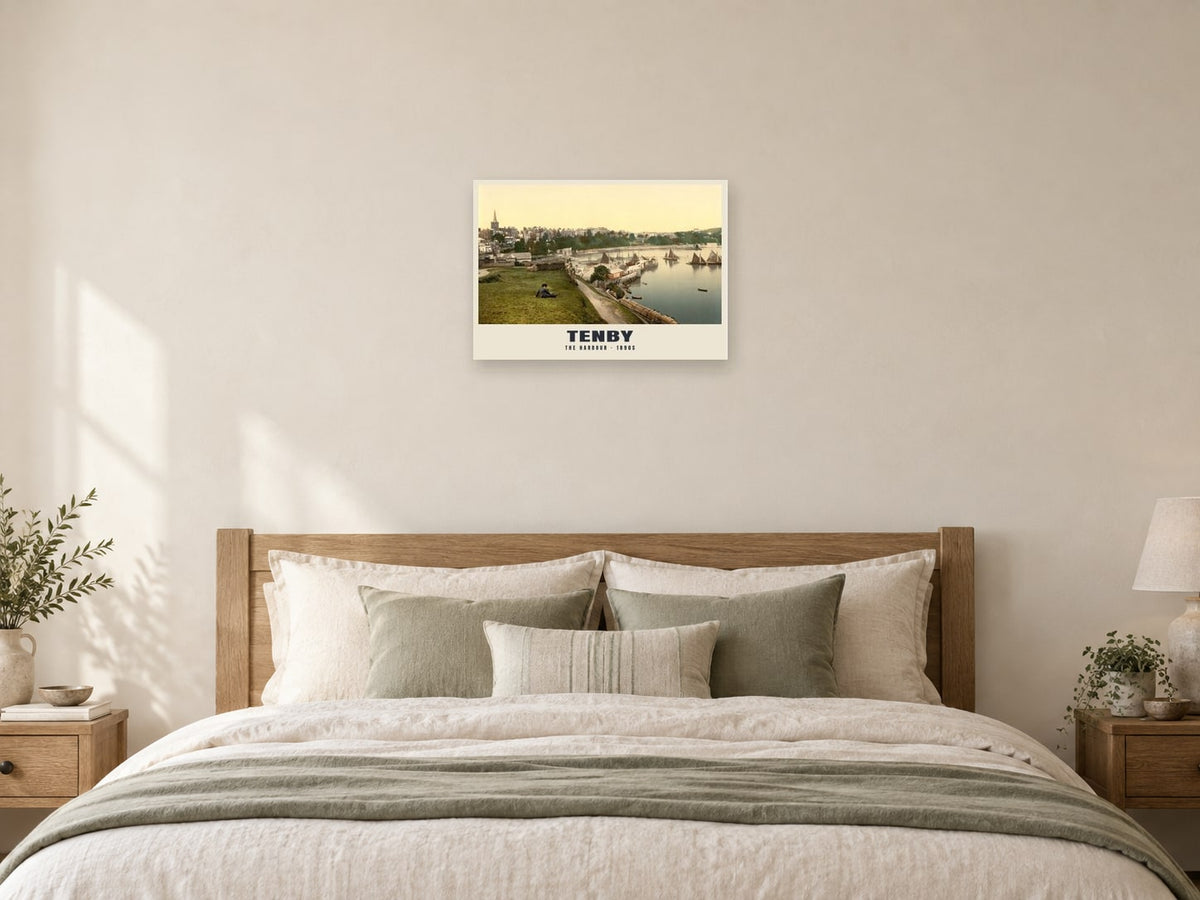 The Harbour, Tenby Poster at A2, as a poster, above a bed