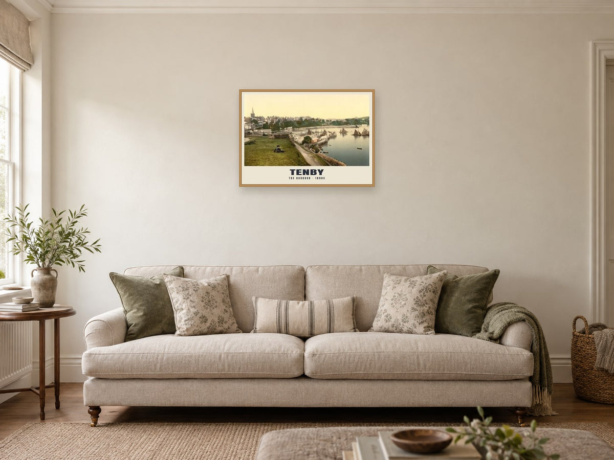 The Harbour, Tenby Poster at A2, in an oak frame, in a sitting room