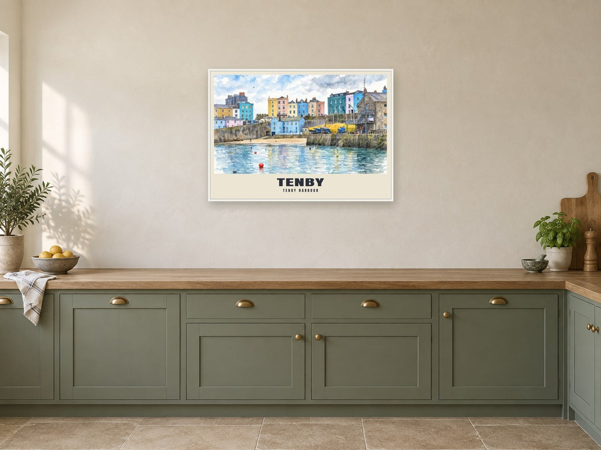 Tenby Harbour Poster at A1, in a white frame, in a kitchen