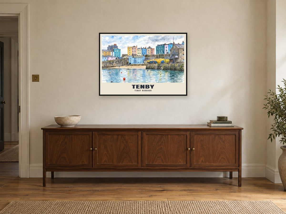 Tenby Harbour Poster at A1, in a black frame, above a sideboard