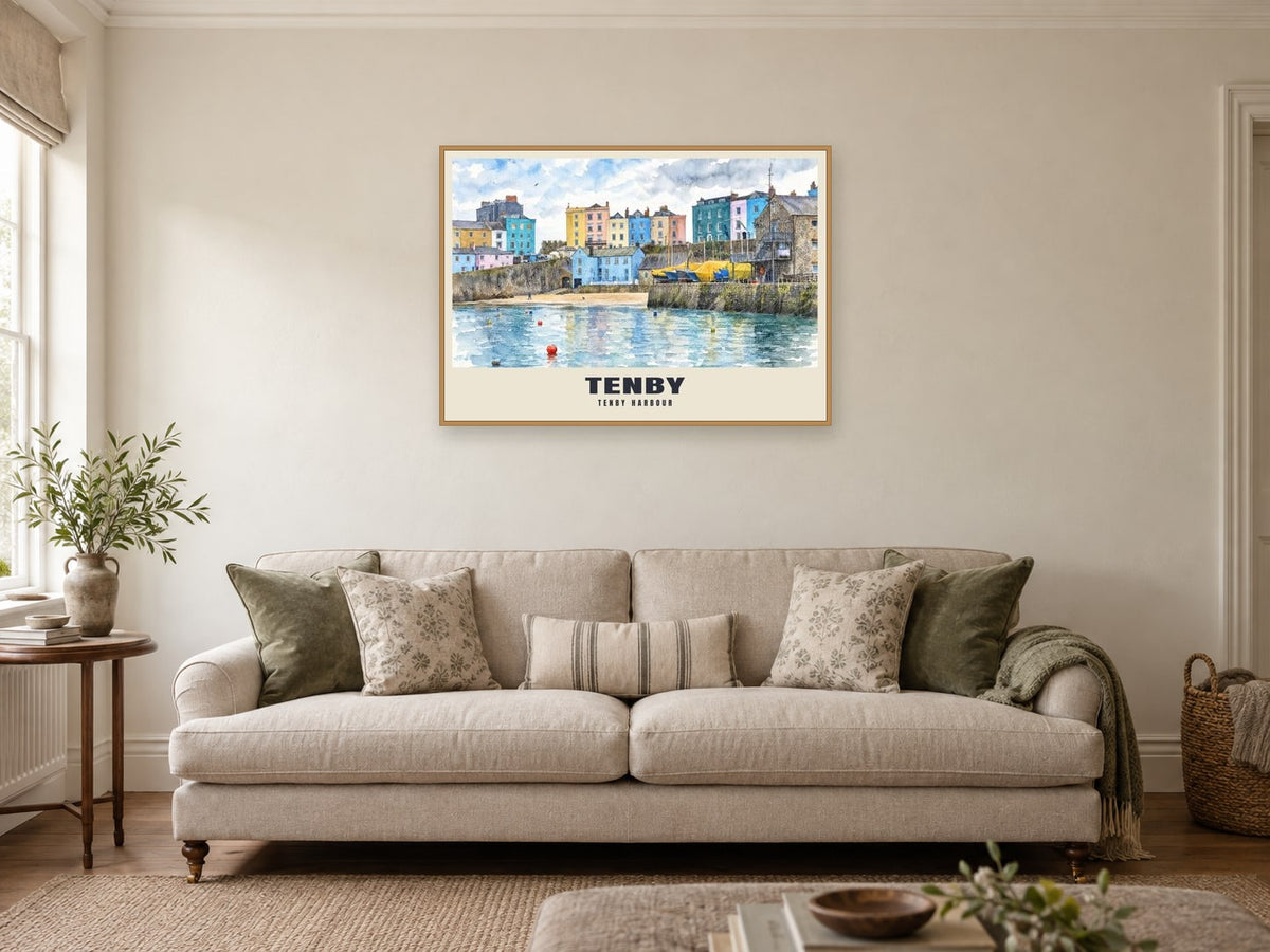 Tenby Harbour Poster at A1, in an oak frame, in a sitting room