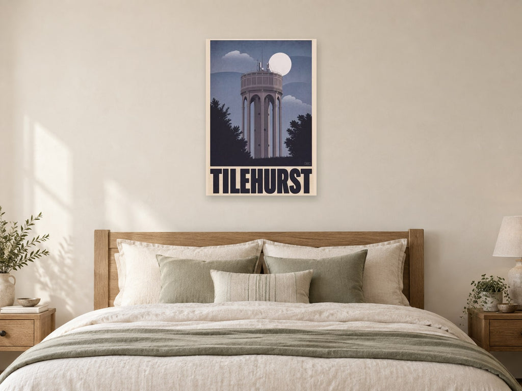 Tilehurst Water Tower Poster at A1, as a poster, above a bed