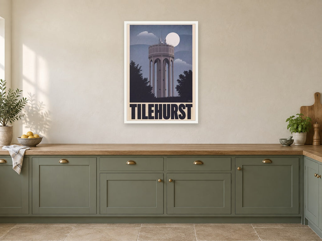 Tilehurst Water Tower Poster at A1, in a white frame, in a kitchen