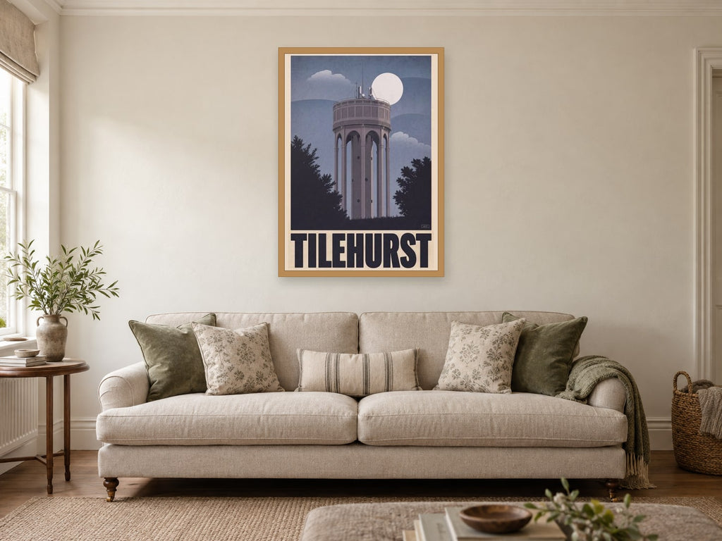 Tilehurst Water Tower Poster at A1, in an oak frame, in a sitting room