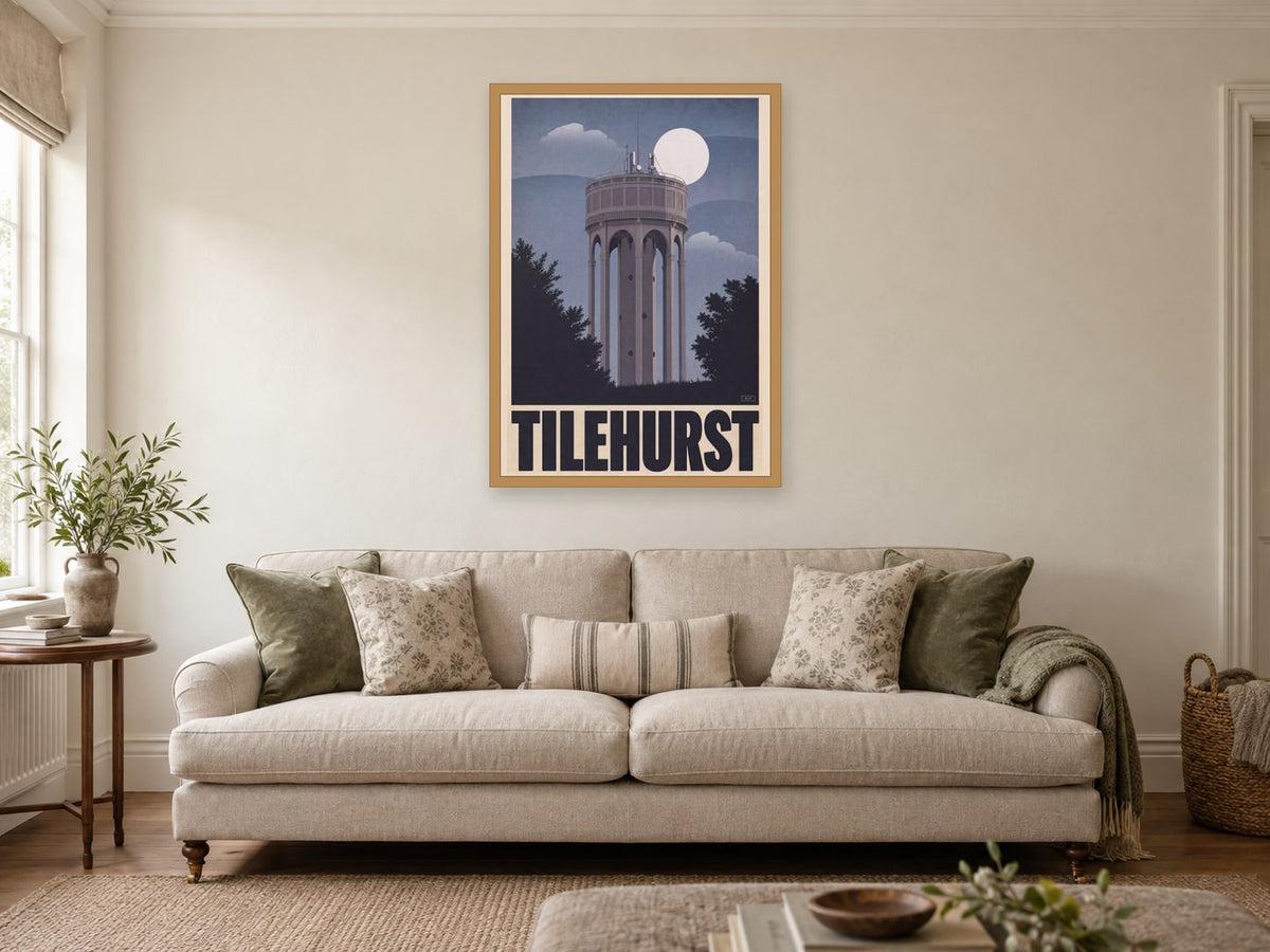 Tilehurst Water Tower Poster at A1, in an oak frame, in a sitting room