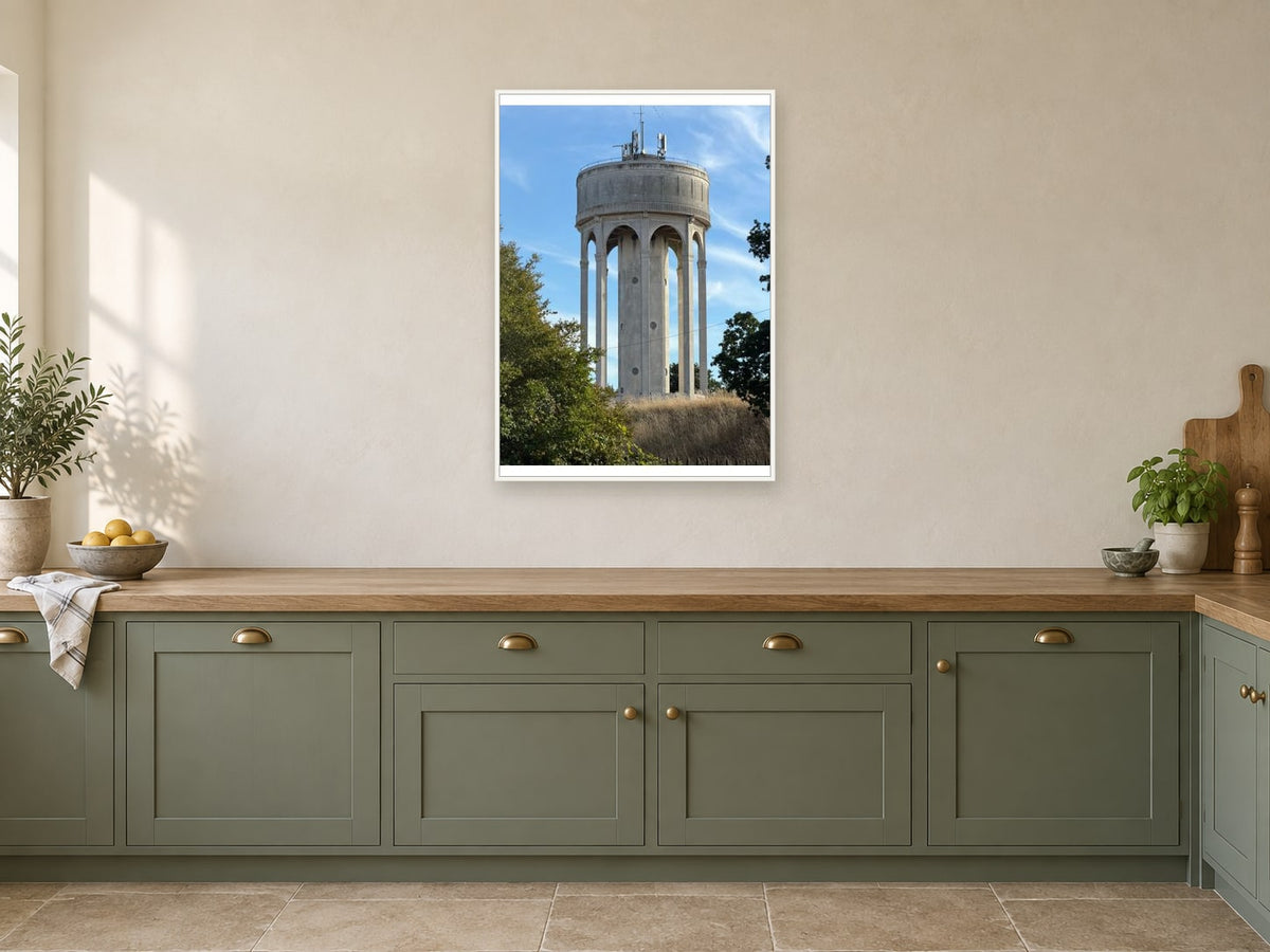 Tilehurst Water Tower — photographic print by Darren Seward at A1, in a white frame, in a kitchen