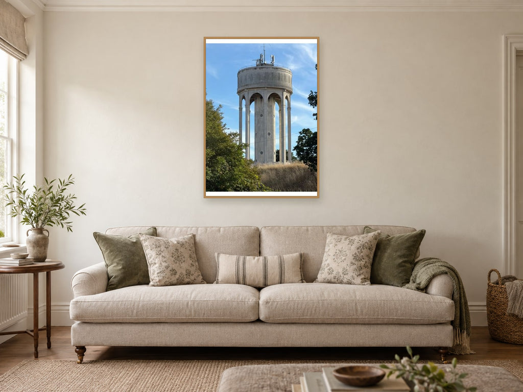 Tilehurst Water Tower — photographic print by Darren Seward at A1, in an oak frame, in a sitting room