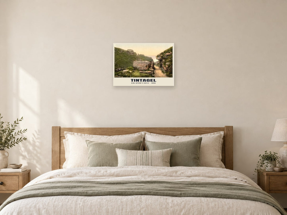 King Arthur's Castle, Tintagel, 1890s Heritage Print at A2, as a poster, above a bed