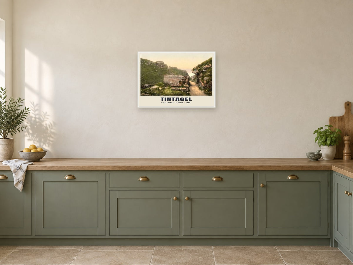 King Arthur's Castle, Tintagel, 1890s Heritage Print at A2, in a white frame, in a kitchen