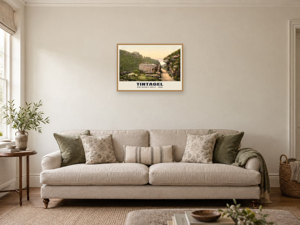 King Arthur's Castle, Tintagel, 1890s Heritage Print at A2, in an oak frame, in a sitting room