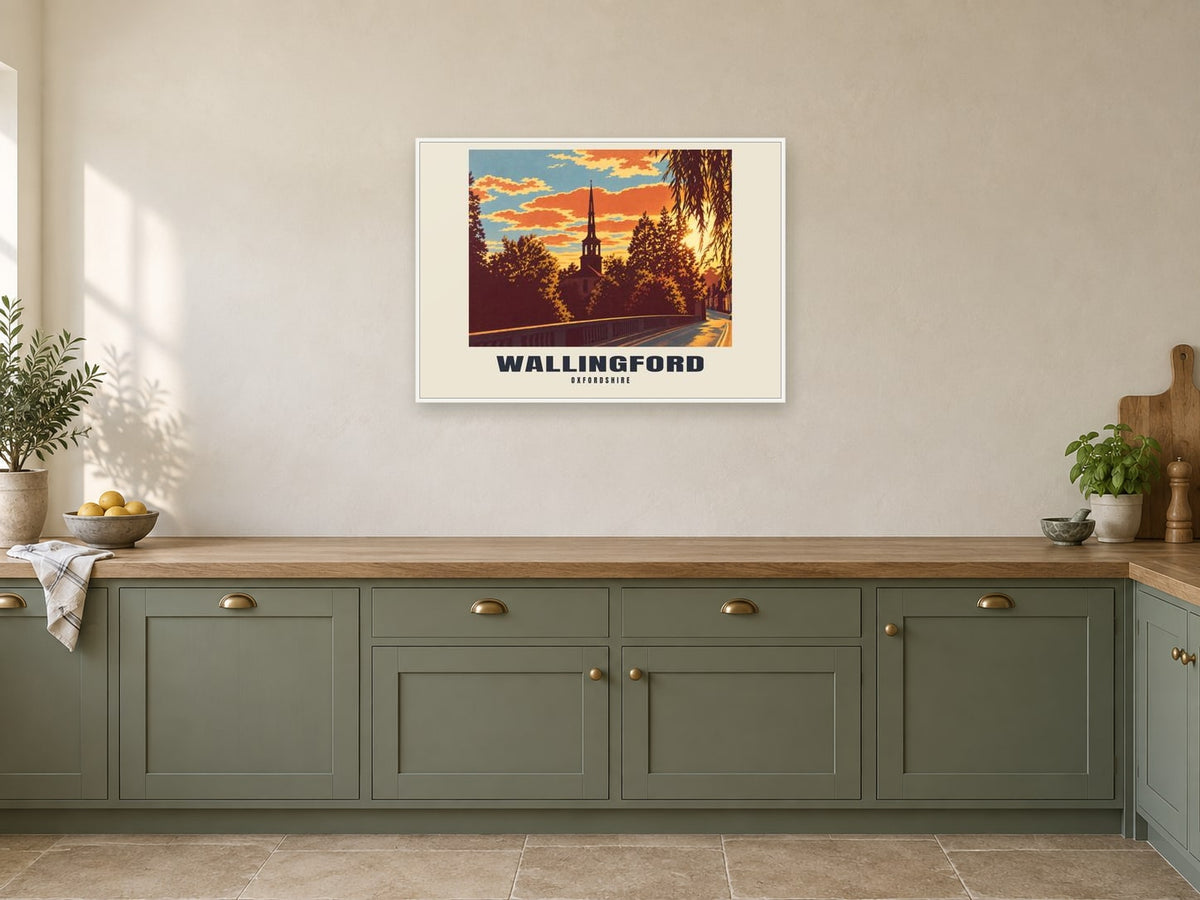 Wallingford Poster — St Peter's Church at A1, in a white frame, in a kitchen