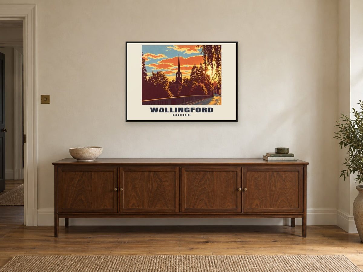 Wallingford Poster — St Peter's Church at A1, in a black frame, above a sideboard