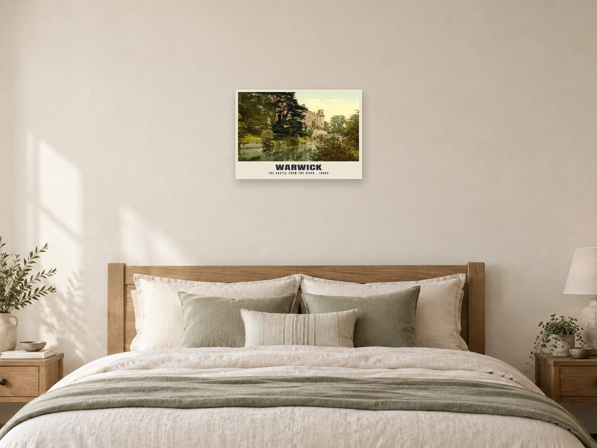 The Castle from the River, Warwick, 1890s Heritage Print at A2, as a poster, above a bed