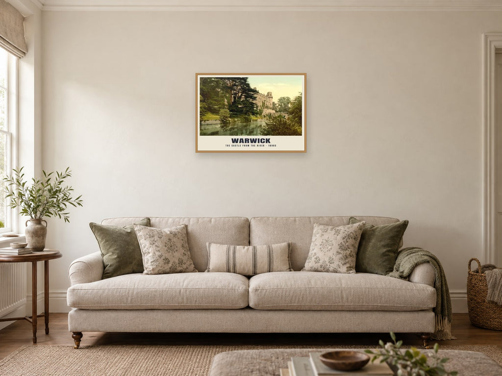 The Castle from the River, Warwick, 1890s Heritage Print at A2, in an oak frame, in a sitting room