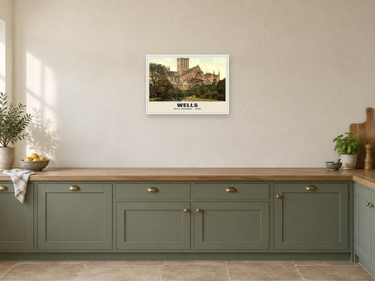 Wells Cathedral, 1890s Heritage Print at A2, in a white frame, in a kitchen