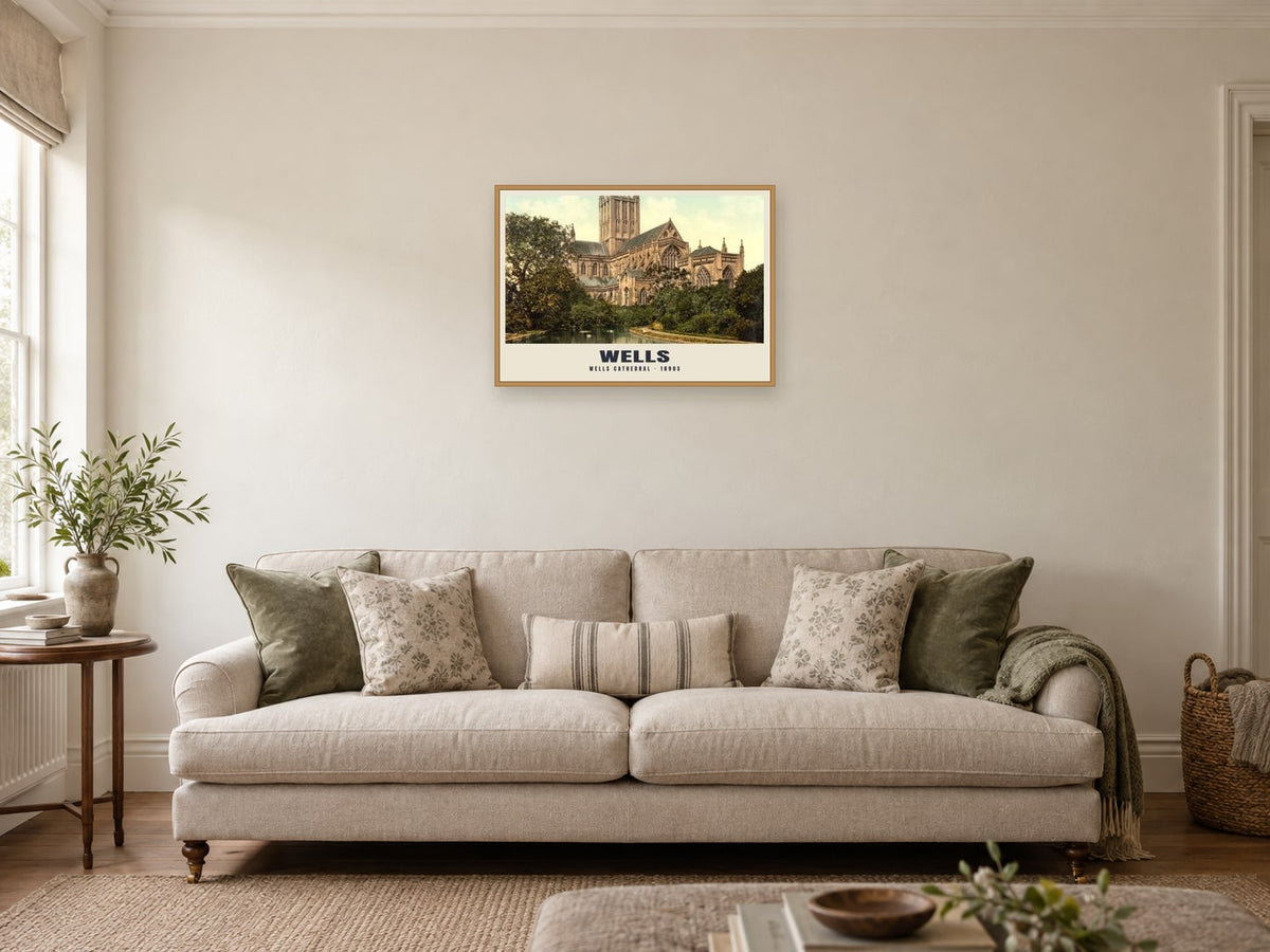 Wells Cathedral, 1890s Heritage Print at A2, in an oak frame, in a sitting room
