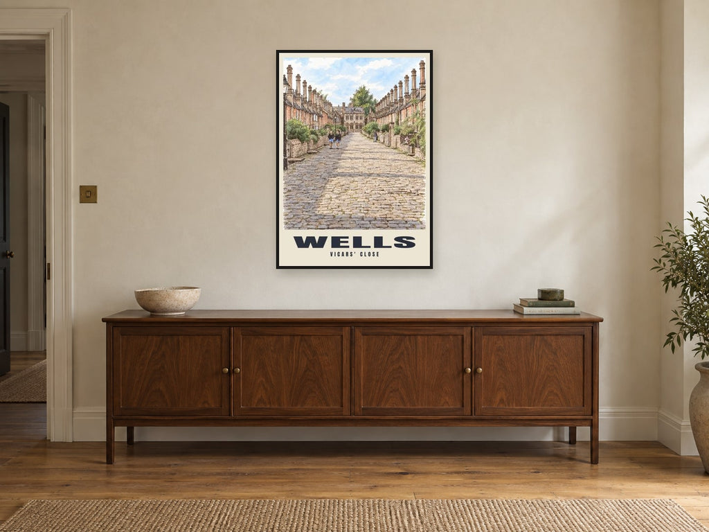 Vicars' Close, Wells Poster at A1, in a black frame, above a sideboard