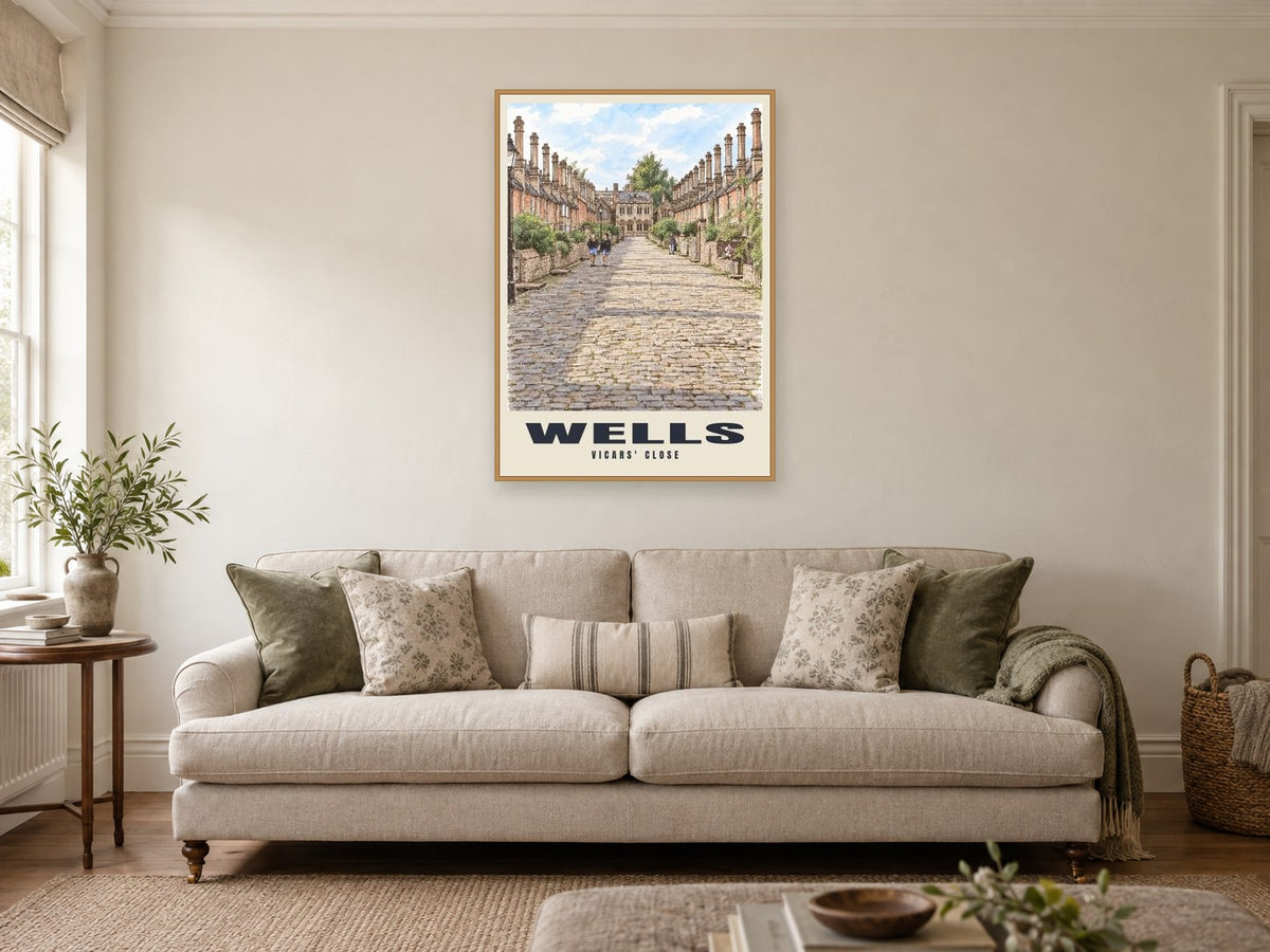 Vicars' Close, Wells Poster at A1, in an oak frame, in a sitting room