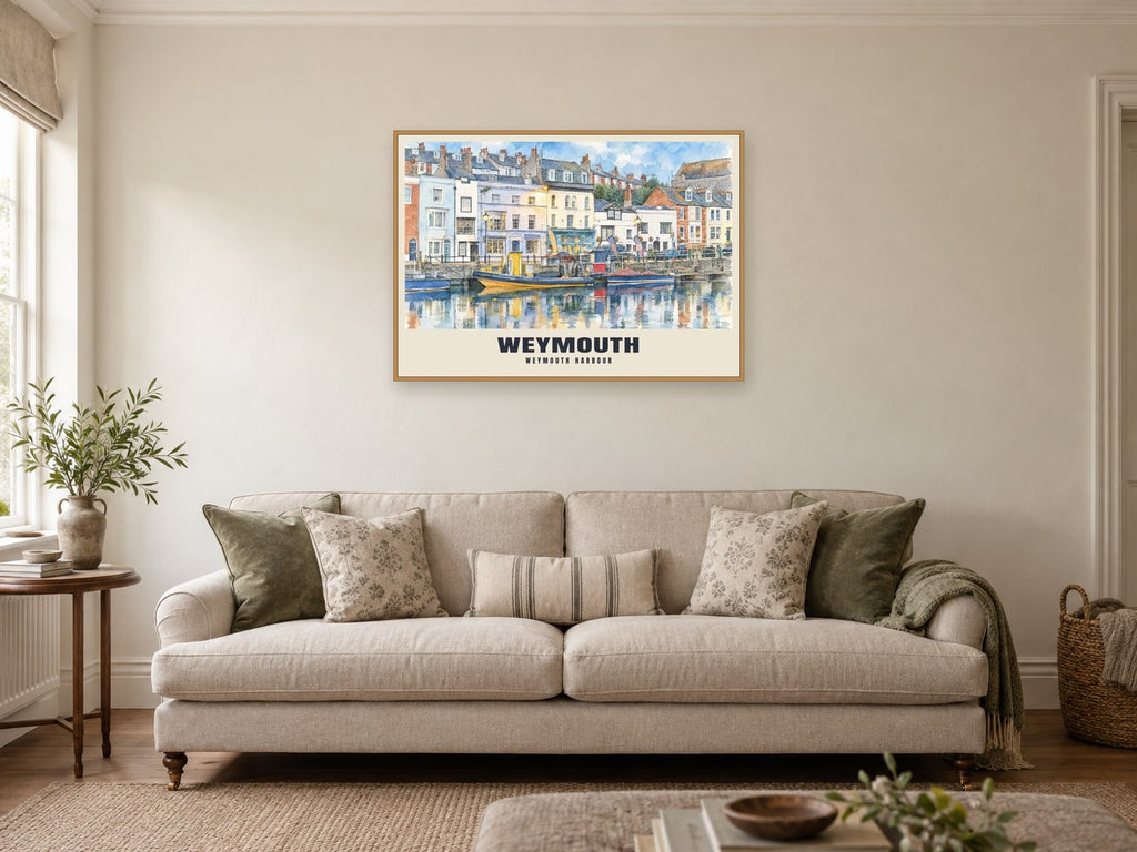 Weymouth Harbour Poster at A1, in an oak frame, in a sitting room
