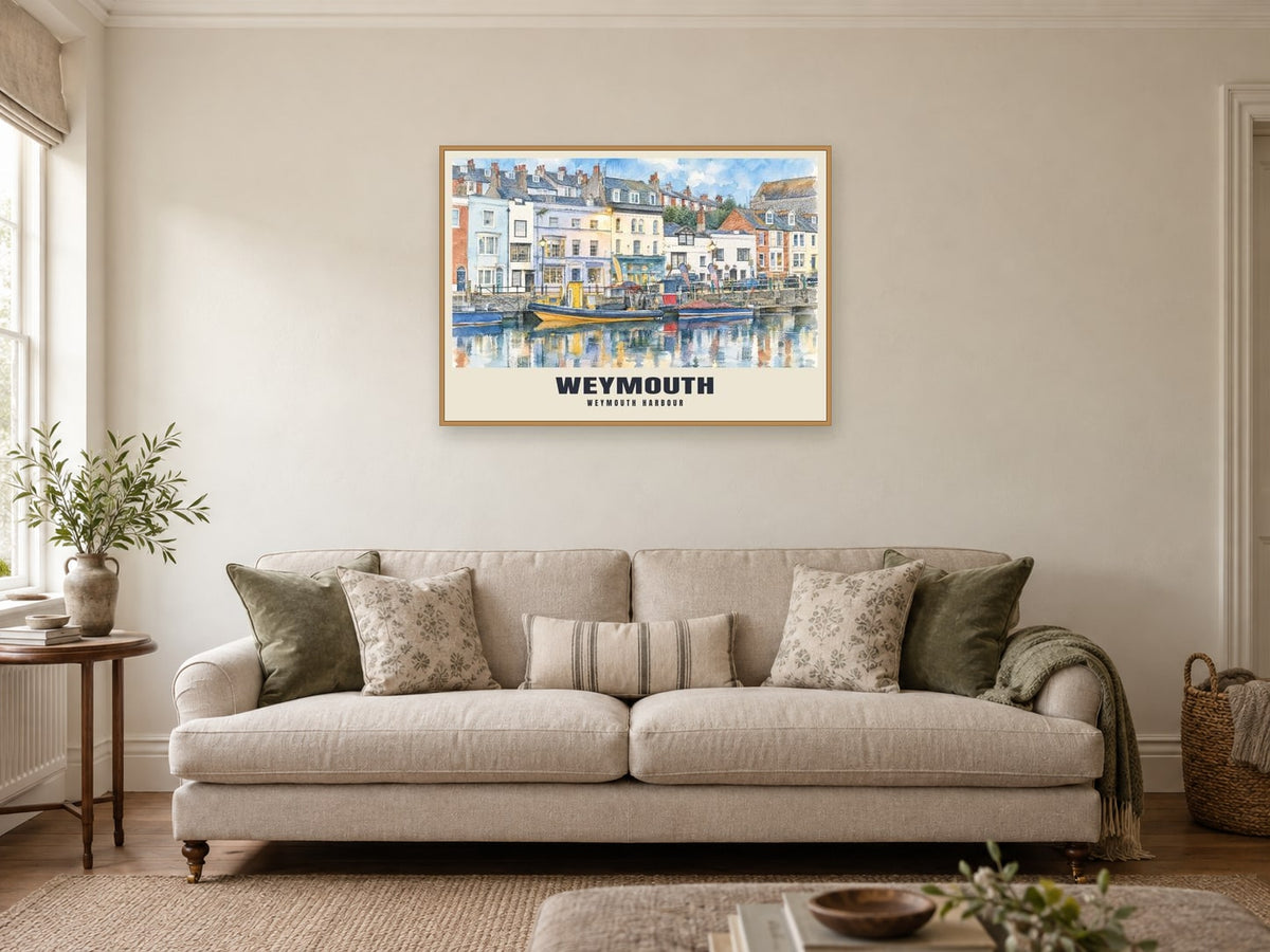 Weymouth Harbour Poster at A1, in an oak frame, in a sitting room
