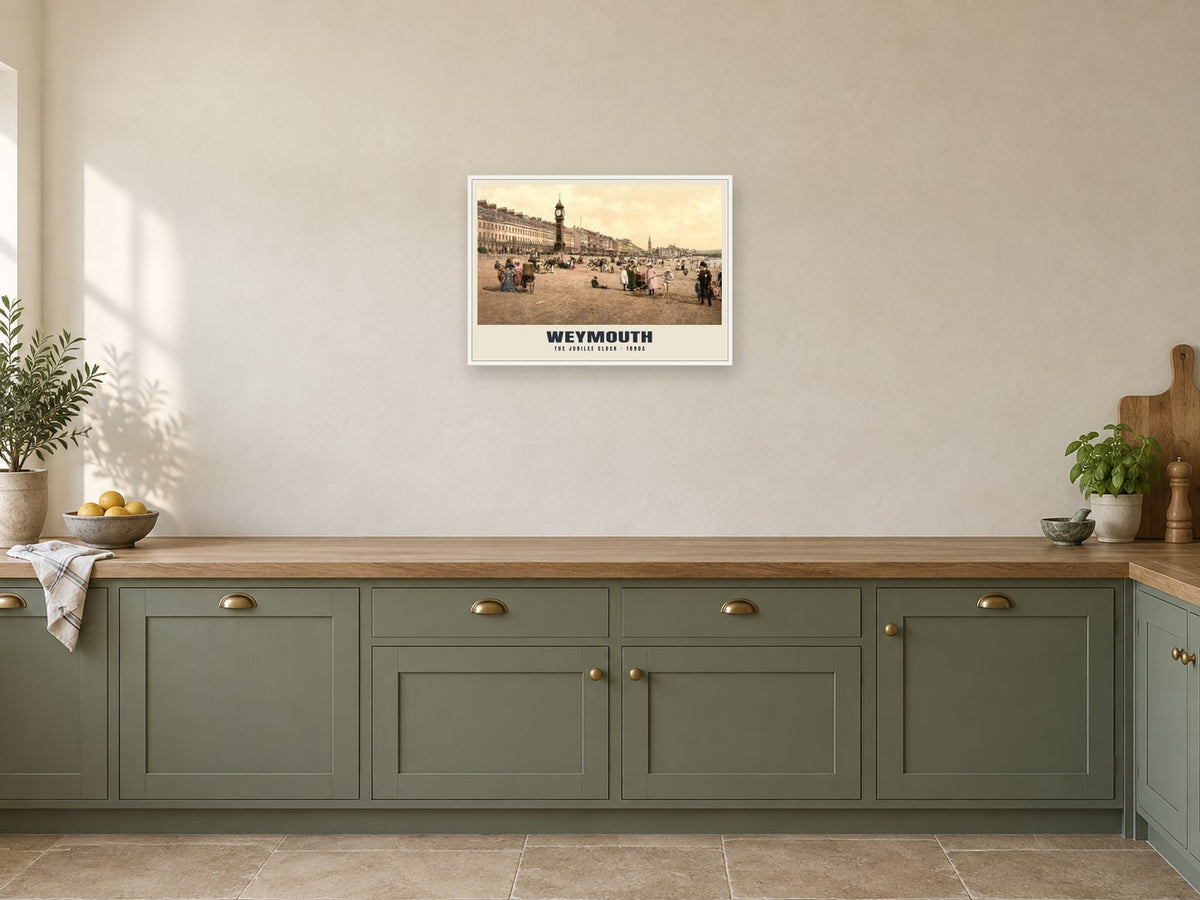 The Jubilee Clock, Weymouth Poster at A2, in a white frame, in a kitchen