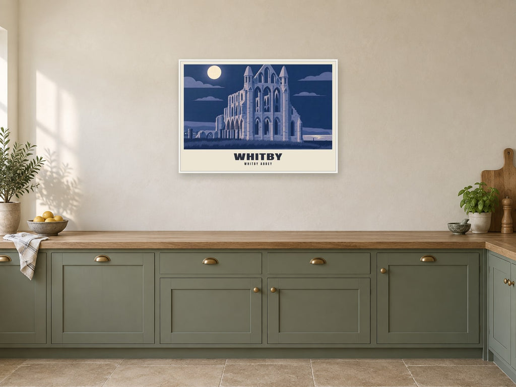 Whitby Abbey Poster at A1, in a white frame, in a kitchen