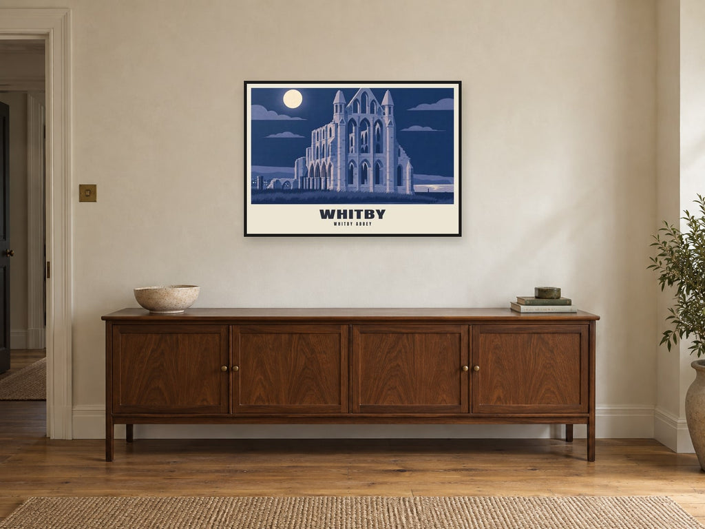 Whitby Abbey Poster at A1, in a black frame, above a sideboard