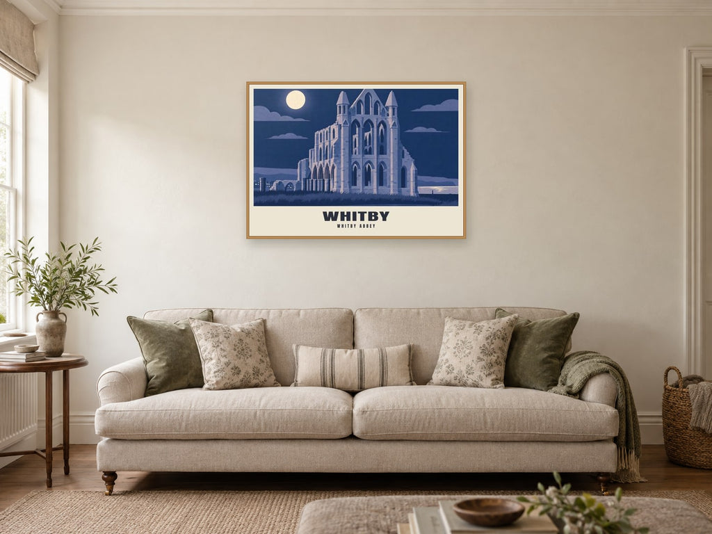 Whitby Abbey Poster at A1, in an oak frame, in a sitting room