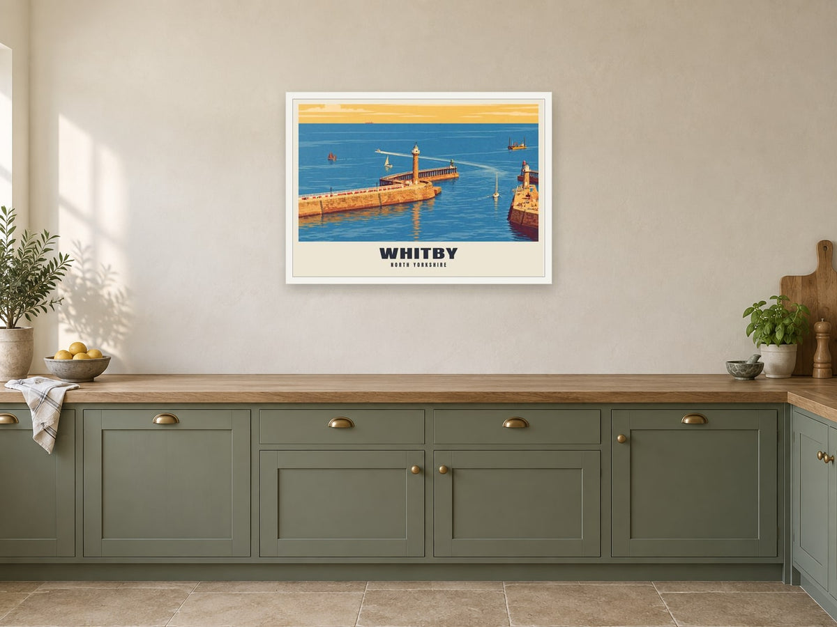 Whitby Poster at A1, in a white frame, in a kitchen