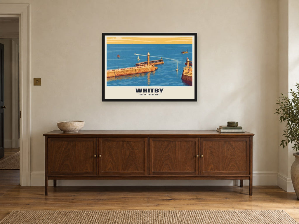 Whitby Poster at A1, in a black frame, above a sideboard