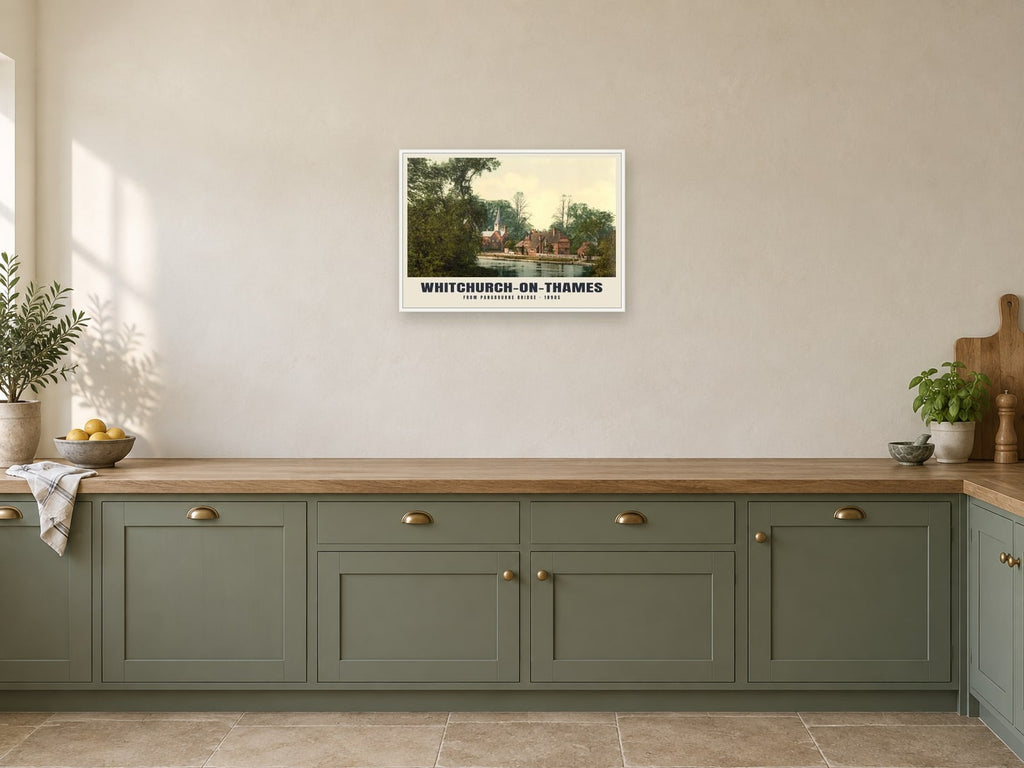 Whitchurch-on-Thames, 1890s Heritage Print at A2, in a white frame, in a kitchen