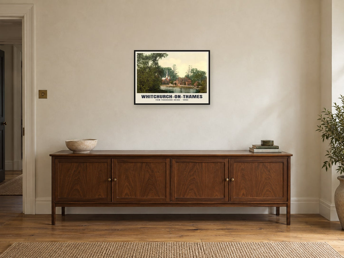 Whitchurch-on-Thames, 1890s Heritage Print at A2, in a black frame, above a sideboard