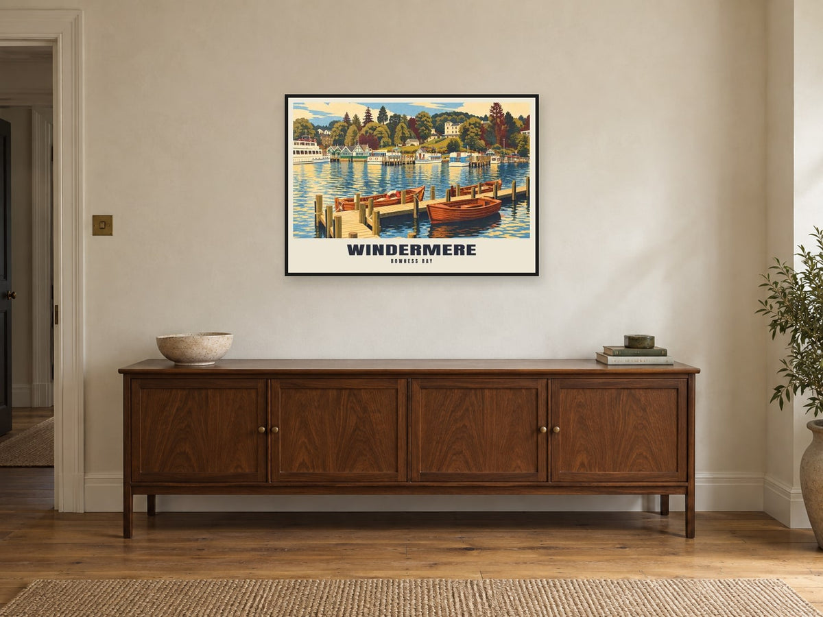 Bowness Bay, Windermere Poster at A1, in a black frame, above a sideboard