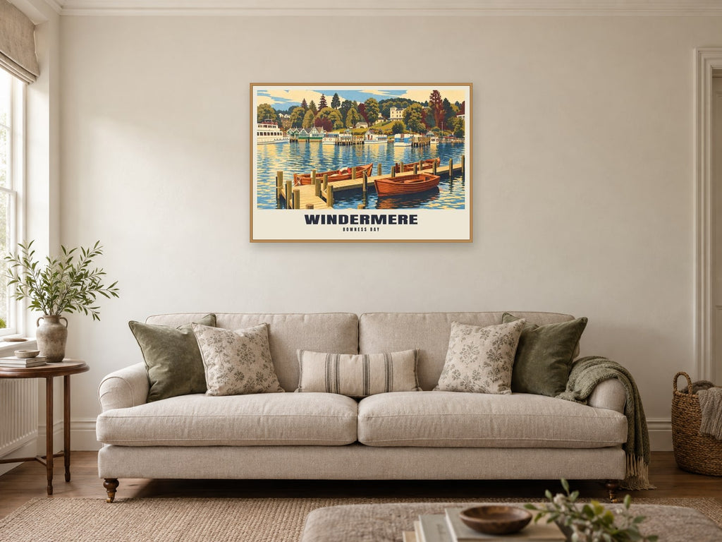 Bowness Bay, Windermere Poster at A1, in an oak frame, in a sitting room