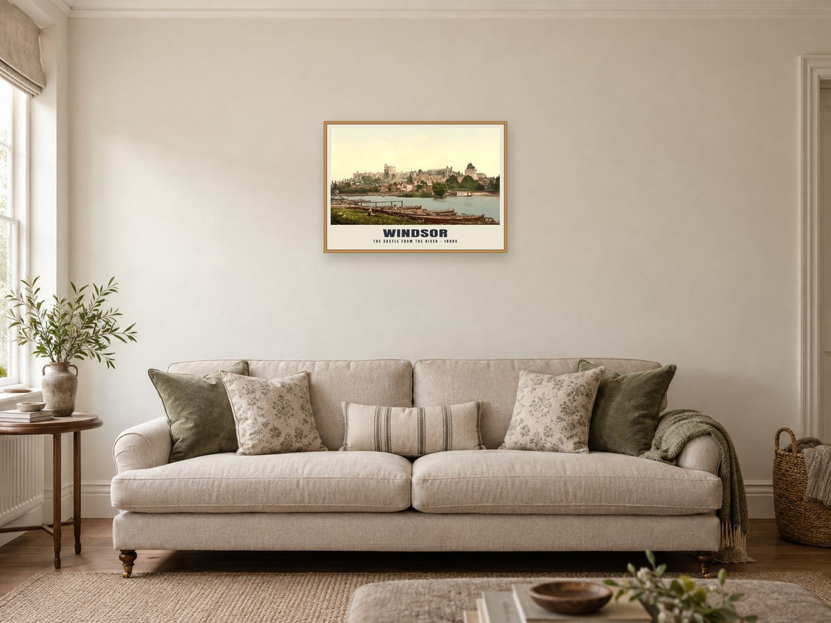 Windsor Castle from the River, 1890s Heritage Print at A2, in an oak frame, in a sitting room