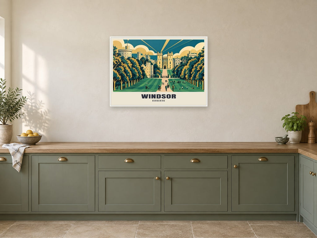 Windsor Castle from the Long Walk Poster at A1, in a white frame, in a kitchen