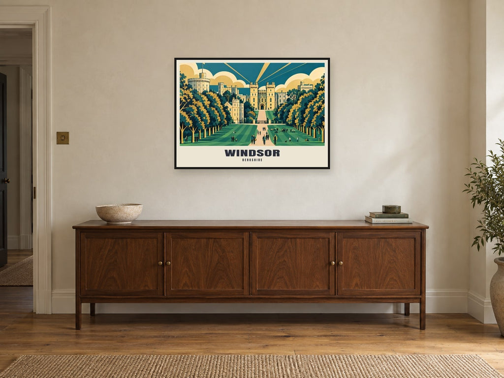 Windsor Castle from the Long Walk Poster at A1, in a black frame, above a sideboard