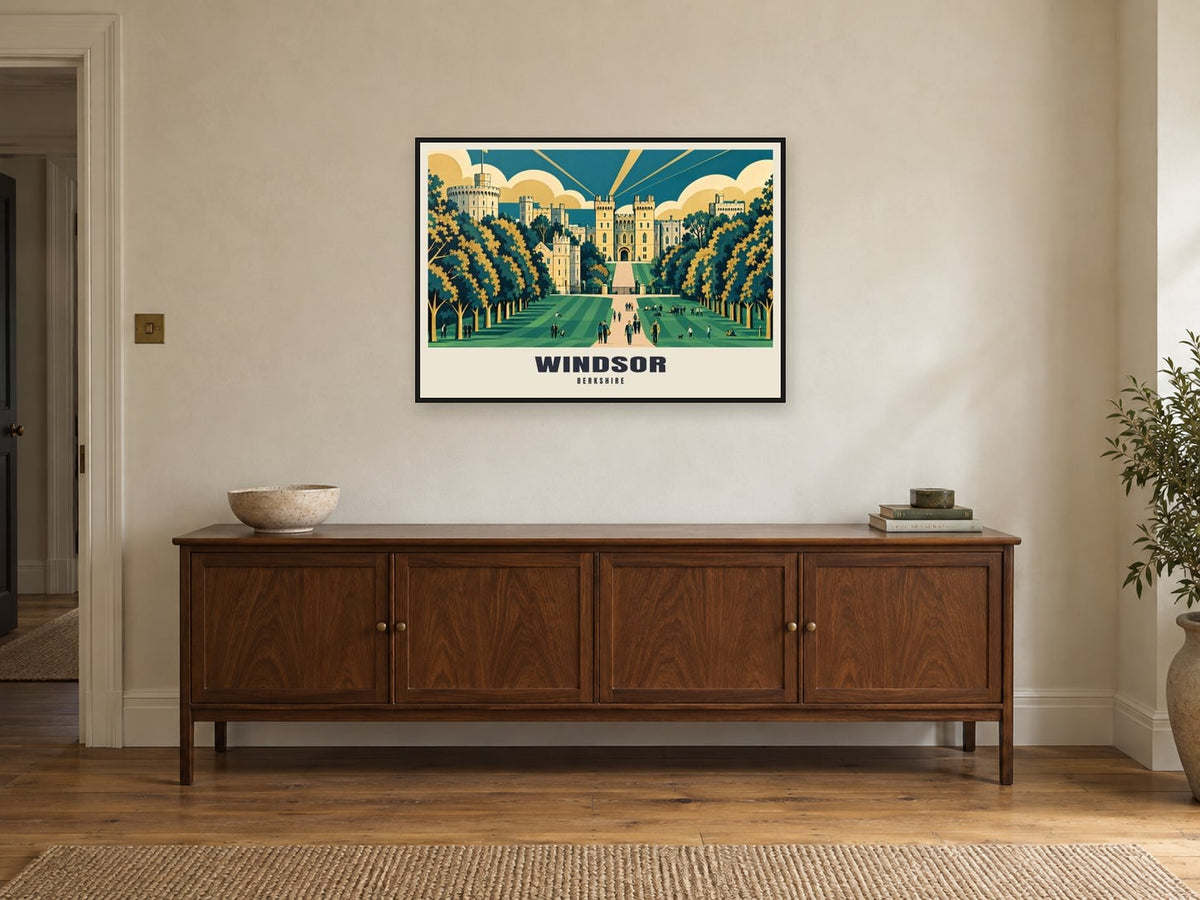 Windsor Castle from the Long Walk Poster at A1, in a black frame, above a sideboard