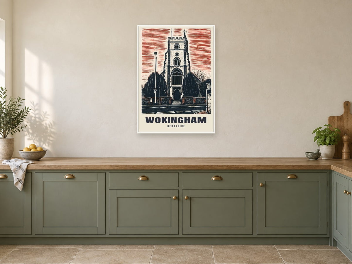All Saints Church, Wokingham Poster at A1, in a white frame, in a kitchen