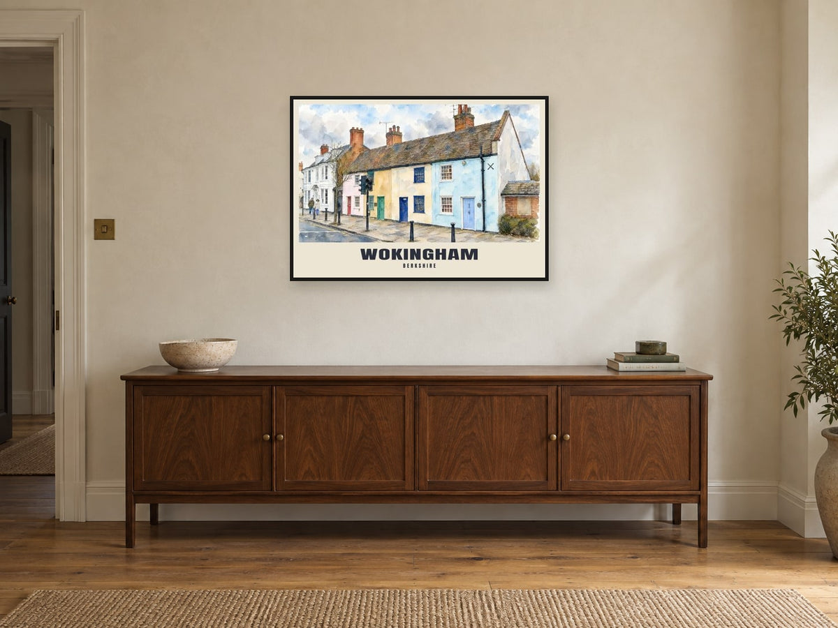 Broad Street, Wokingham Poster at A1, in a black frame, above a sideboard