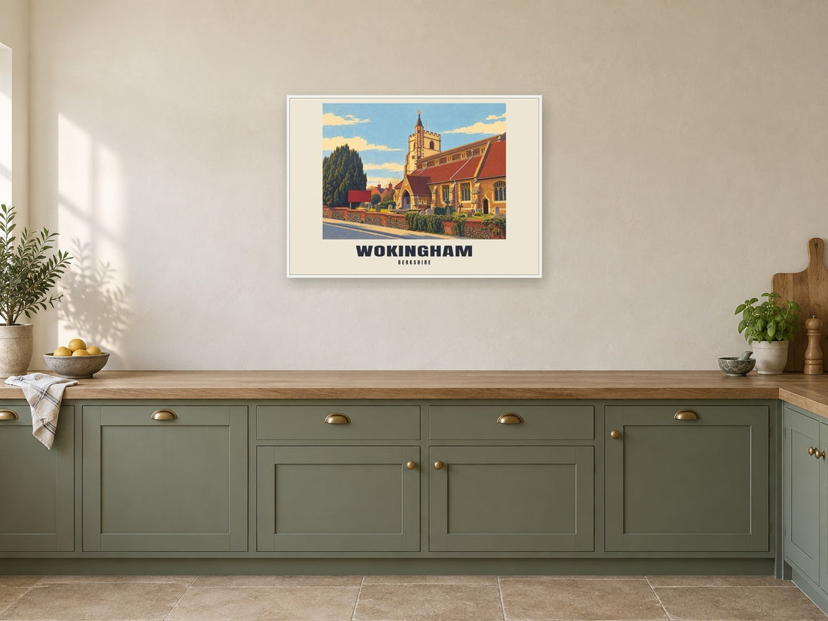 Wokingham Poster — All Saints' Church at A1, in a white frame, in a kitchen