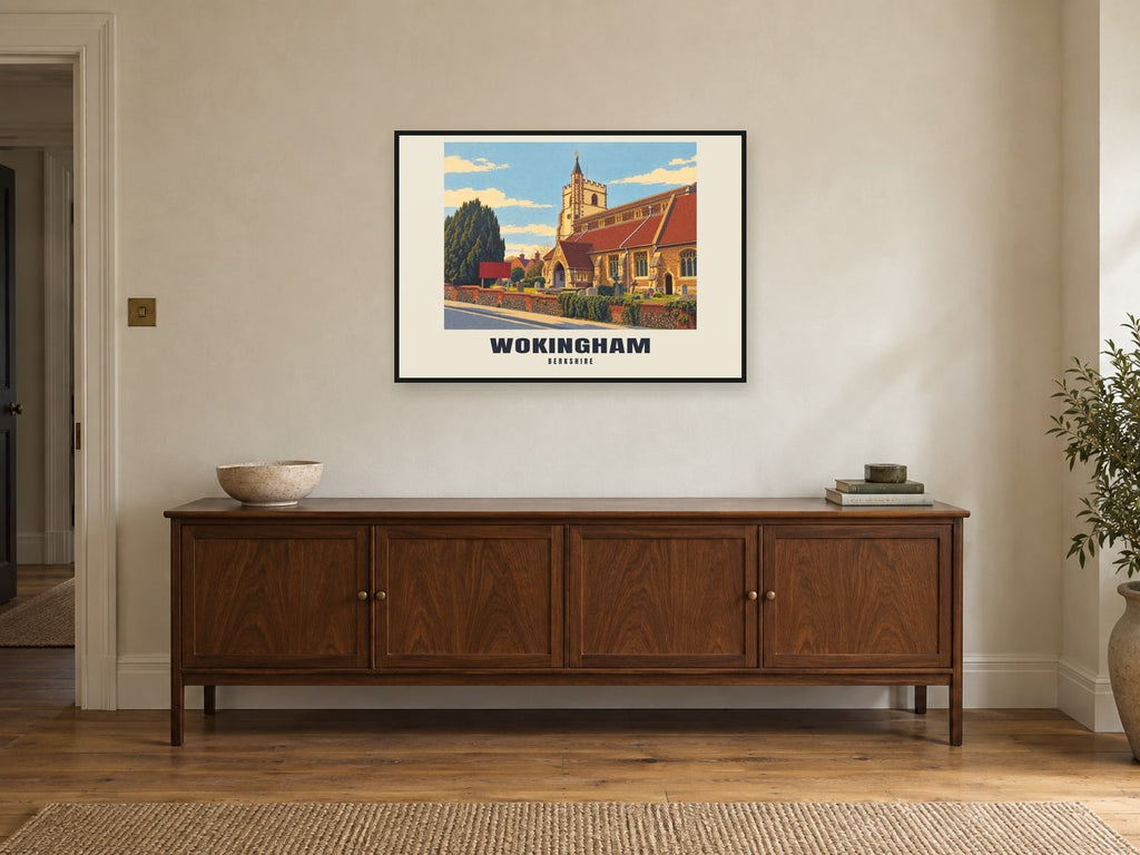 Wokingham Poster — All Saints' Church at A1, in a black frame, above a sideboard