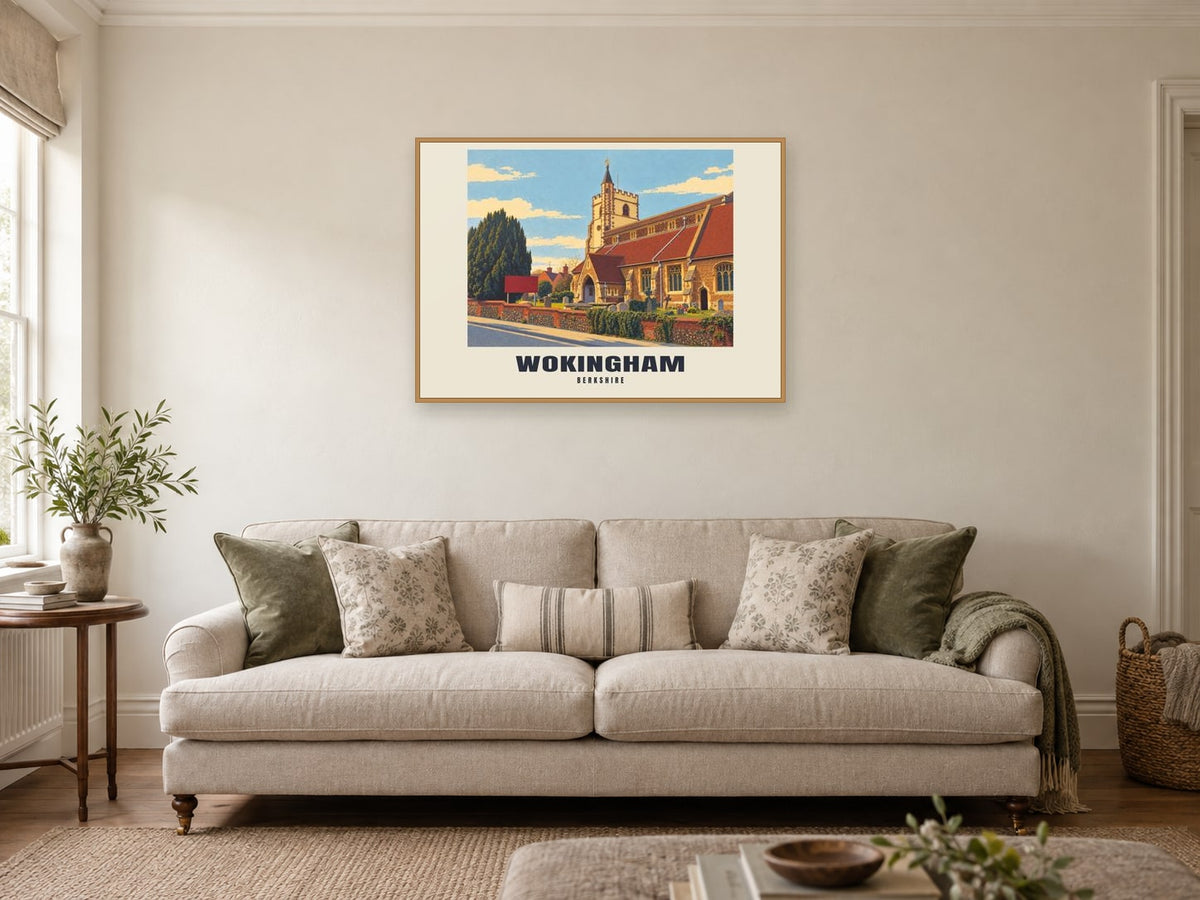 Wokingham Poster — All Saints' Church at A1, in an oak frame, in a sitting room