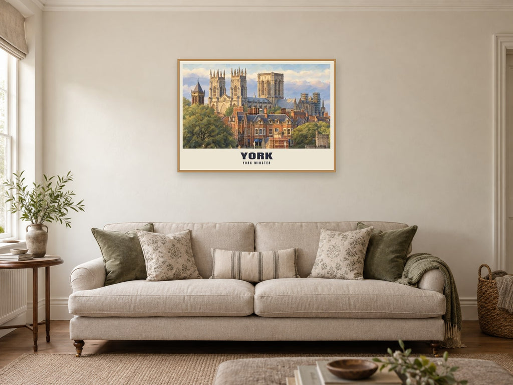 York Minster Poster at A1, in an oak frame, in a sitting room