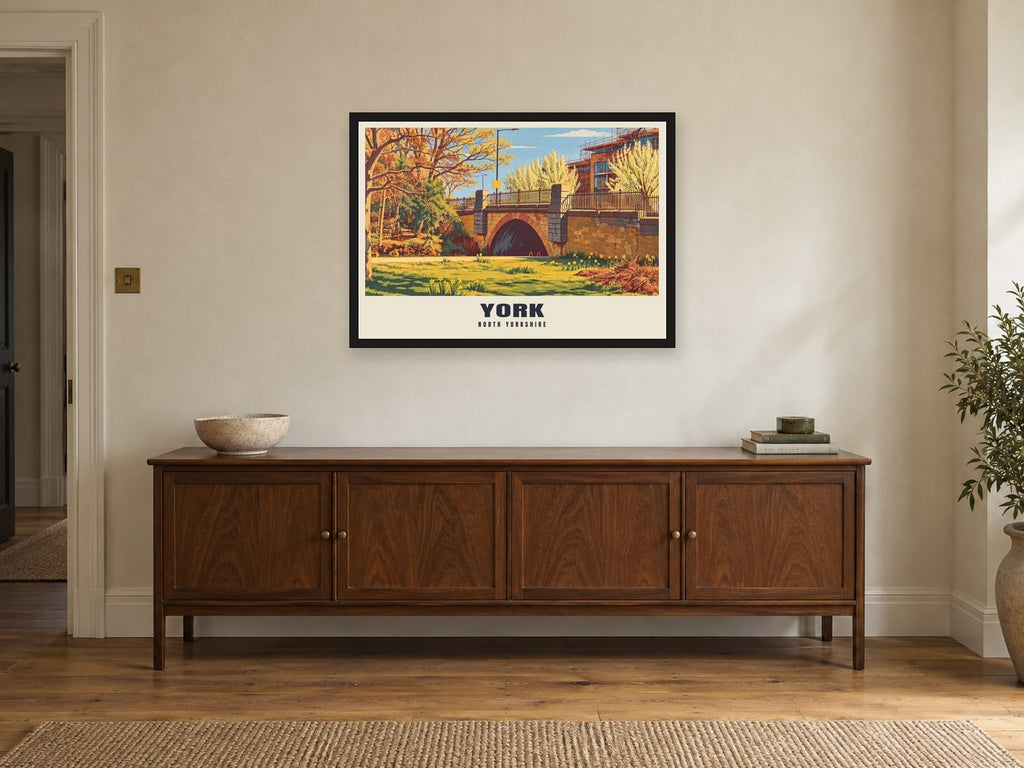 York Poster at A1, in a black frame, above a sideboard