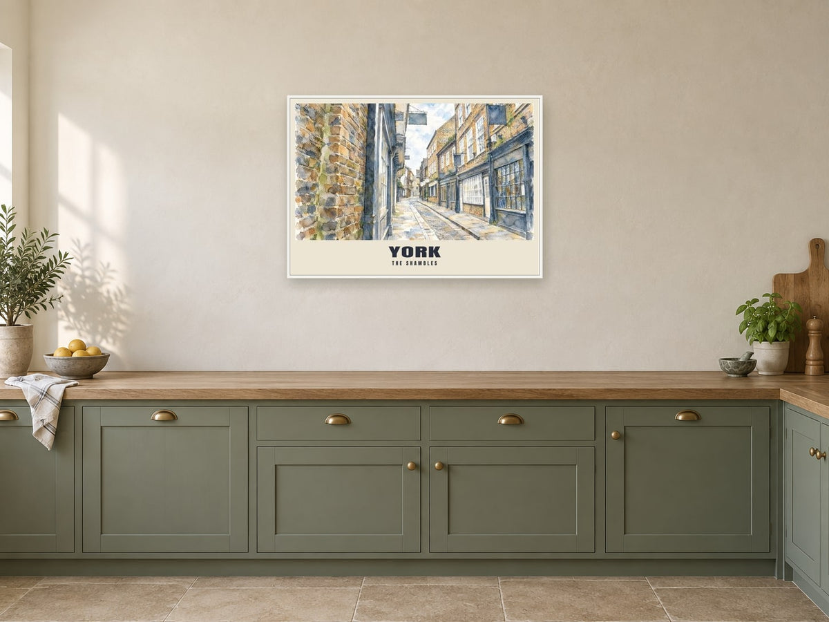 The Shambles, York Poster at A1, in a white frame, in a kitchen