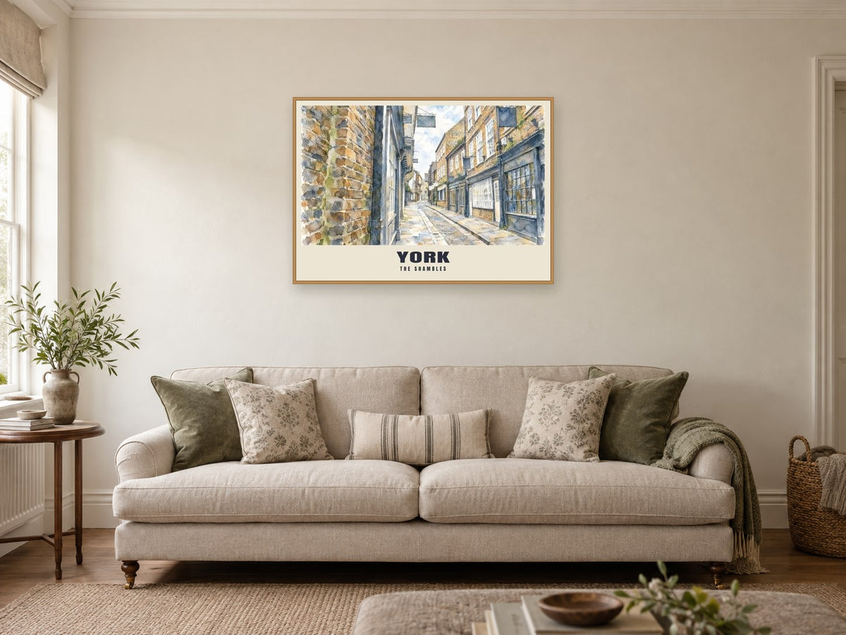 The Shambles, York Poster at A1, in an oak frame, in a sitting room